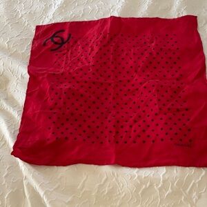 CHANEL SILK SCARF 16” square red with black polka dots UNISEX